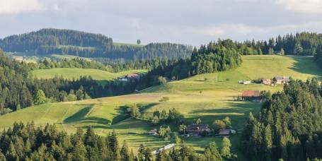 Unser Hof (unten rechts) gegen Abend von der gegenüber liegenden Talseite fotografiert. Unser Land liegt mehrheitlich links vom Haus.